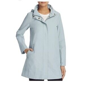 Eileen Fisher Stowaway Hood Rain Jacket Full Zip Snap Lightweight Light Blue L